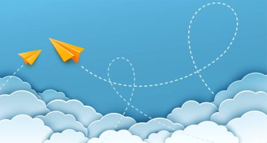 İki sarı origami kağıttan uçak. Çizgi üzerinde gökyüzünde döngü var. Kağıt kesiği gerçekçi 3D vektör çizimi. Okula dönüş, tatil seyahati konsepti tasarımı.