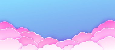 Pembe bulut vektör arka planı. Gerçekçi kağıtta hayali bulutlar mor mavi gökyüzünde kesim stili. Sürrealizm boş uzayı olan parlak ışık cenneti. Rüya gibi sihirli bayrak.