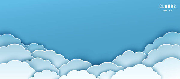Cloud with blue sky in paper cut style vector illustration. Beautiful fluffy clouds on blue background. Copy space.