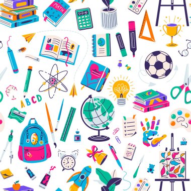 Okul kusursuz desenli vektör çizimi sağlıyor. Okula beyaz arka planda geri dön.