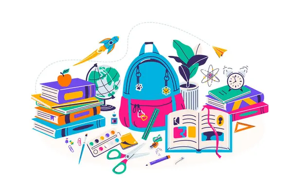 School Supplies Vector Illustration Group Center Pen Pile Books Backpack Vetores De Bancos De Imagens Sem Royalties