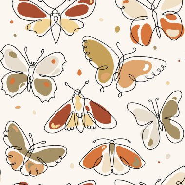 Kelebek sanatı, renkli organik şekiller ve kusursuz desenli vektör çizimleriyle sürekli bir çizgide. Modayı takip eden güve böcek formları basit bir şekilde asgari düzeyde. Beyaz arkaplanda izole.