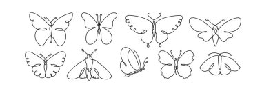 Kelebek sanatı aralıksız çizgi vektör illüstrasyonunda. Modayı takip eden güve böcek formları basit bir şekilde asgari düzeyde. Beyaz arkaplanda izole.