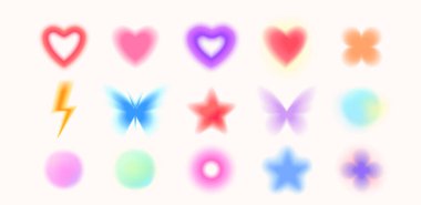 Y2k bulanık gradyan vektör illüstrasyon kümesi. Soyut estetik bulanık elementler, kalp, yıldız, yıldırım, aura. Şeffaf uçlu yumuşak renk eğimleri.