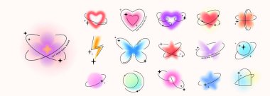 Y2k bulanık gradyan elementler vektör çizimi. İçinde kalp, yıldız, şimşek, aura, çiçek ve gezegen olan soyut estetik çıkartmalar. Şeffaf uçlu yumuşak renk eğimleri, ince yuvarlak çizgiler.