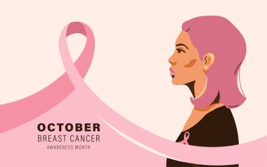 Göğüs kanseri farkındalığı ay sonu vektör geçmişi. Göğsünde pembe kurdele olan güzel bir kadın. Kanser hastalığını önleme amaçlı tıbbi çizimler, kadın sağlık hizmetleri.