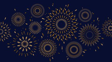 Havai fişek vektör arka planı. Düz altın havai fişekler, kıvılcımlar ve gece gökyüzündeki patlamalarla kutlayın. Yeni yıl için modern illüstrasyon, yıldönümü, kazanan, doğum günü kutlaması.
