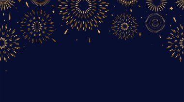 Havai fişek vektörü kusursuz sınır arkaplanı. Basit düz altın havai fişeklerle kutlayın, gece gökyüzünde patlamalar ve altında fotokopi alanı. Yeni yıl için resim, doğum günü kutlaması.