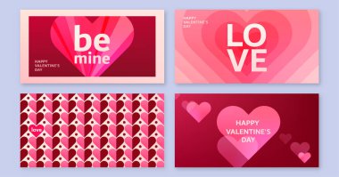 Sevgililer Günü için kalp pankartı, vektör seti. Değişen kalplerle örtüşen aşk deseni. Geometrik romantizm asgari afiş. Pembe, açık kırmızı renkli modern soyut sevgililer günü sanatı.