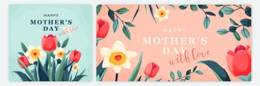 Anneler Günü afişi, vektör illüstrasyonu. Sevimli lale ve nergis çiçekleri, yapraklar, dokular, çiçekli bahar yaz tasarımı için karşılama metinleri, anneler günü desenleri. Sevgiyle.