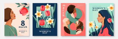 Kadınların Günü vektör arkaplanı. Kadın yüzlü 8 Mart posteri, bahar çiçekleri buketi, tipografi davetiyesi. Farklı kızlar birlikte destek oluyor. Feminizm kavramı tasarımı.