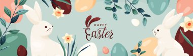 Mutlu Paskalya vektör afişleri. Paskalya yumurtaları, tavşancık, bahar çiçekleri nergis, modern çizgi film tarzında yapraklar. Tavşan kulaklı bir yazı. Güzel yaratıcılık konsepti..