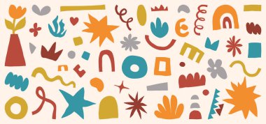 Şekil soyut set vektör illüstrasyonu. Saf modern düz tarzda organik grafik tasarım elementleri. Elle çizilmiş figür formları retro renkte. Asgari basit moda simgeleri.