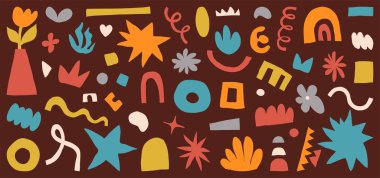 Şekil soyut set vektör illüstrasyonu. Saf modern düz tarzda organik grafik tasarım elementleri. Koyu arkaplanda izole edilmiş retro renkte el çizimi şekiller. En basit simgeler.