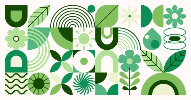 Yeşil desenli vektör çizimi. Geometrik doğa grafik tasarımı yaprak bitkisi, çiçek, güneş, organik geometri şekilli minimal düz modern tarzda. Taze eko bitki bileşimi.