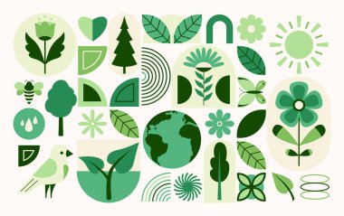 Yeşil desenli vektör çizimi. Geometrik doğa tasarımı yaprak bitkisi, çiçek, toprak küresi, kuş, kelebek, organik geometri şekilli minimal düz modern tarzda. Taze eko bitki karesi bileşimi