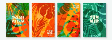 Yaz tropik desenli arka plan. Tropikal orman, poster tasarımını eski modern dokusuyla bırakır. Yaratıcı tarzda egzotik soyut doğa kartı. Palmiye ağacı, canavar, muz vektör çizimi.