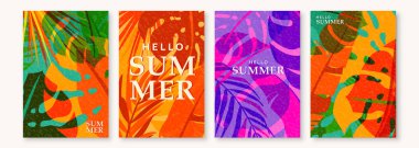 Yaz tropik desenli arka plan. Tropikal orman, poster tasarımını eski modern dokusuyla bırakır. Yaratıcı tarzda egzotik soyut doğa kartı. Palmiye ağacı, canavar, muz vektör çizimi.