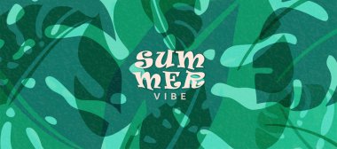 Yaz tropik şablonu. Tropikal orman eski modern dokularla pankart tasarımı yapar. Yaratıcı tarzda egzotik doğa kavramı. Yeşil canavar vektör çizimini bırakır.