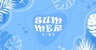 Yaz tropikal vektör arka planı. Beyaz orman palmiyesi yapraklı tropik pankart, canavar, muz, çizgiler, basit düz modern tarzda grafik elementler. Deniz cenneti afişi tasarımı.