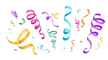 Konfeti renkli 3d gradyan yılan kurdeleli bir konfeti kutlaması. Yıldönümü, karnaval, karikatür tarzı resimli doğum günü afişi kağıt şeritli. Şenlikli izole tasarım.