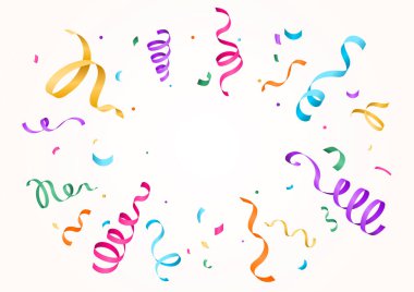 Konfeti vektör arka planı renkli konfetiler ve ışık arka planında izole edilmiş yılan şeklinde şeritler, merkezde kopyalama alanı. Düz modern gradyan basit stilde şenlikli desen çizimi.