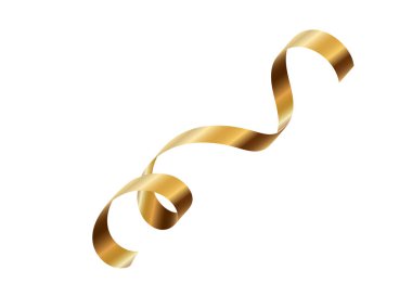 Altın serebentin şeritli vektör arka planı. Altın kutlama kağıdı sarmal dekorasyonu beyaza izole edilmiş hediye, selamlama, şenlik tasarımı için..