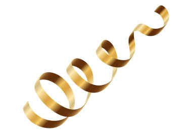 Altın serebentin şeritli vektör arka planı. Altın kutlama kağıdı sarmal dekorasyonu beyaza izole edilmiş hediye, selamlama, şenlik tasarımı için..