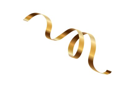 Altın serebentin şeritli vektör arka planı. Altın kutlama kağıdı sarmal dekorasyonu beyaza izole edilmiş hediye, selamlama, şenlik tasarımı için..