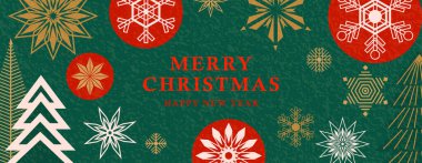 Noel arkaplan vektör çizimi. Modern davetiye Xmas ve tipografi, soyut noel ağacı, balo ve kar tanesi ile mutlu yıllar. Kış iş şablonu desenli.