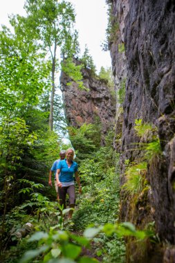 Yaşlı çift ormanda yürüyüş yapıyor.
