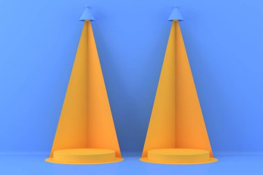Kozmetik veya ürün görüntüleme podyumu için soyut minimal sahne, sarı ve mavi renk tasarımı 3D.