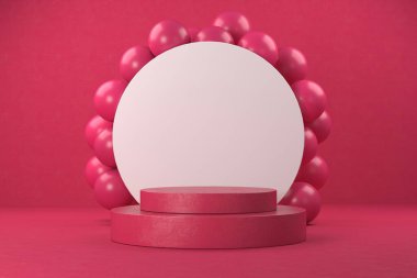 Kozmetik veya ürün görüntüleme podyumu için soyut minimal sahne, kırmızı renk tasarımı 3d.