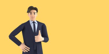 Young businessman isolated on yellow background, half torso, wearing blue shirt Looking at camera with with thumbs up 3D render.
