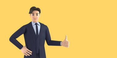 Young businessman isolated on yellow background, half torso, wearing blue shirt Looking at camera with with thumbs up 3D render.