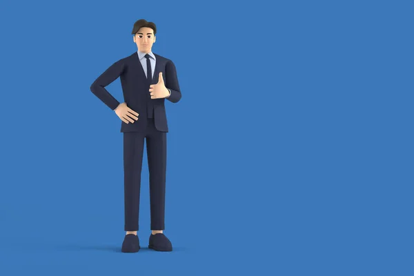 Young business character isolated on blue background. wear blue shirt blue necktie looking at camera with thumbs up 3D Rendering.