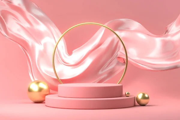粉红面料展台展示台3D渲染的抽象奢华布艺设计 图库照片