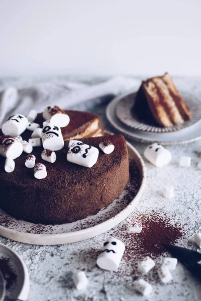 Домашний Шоколадный Торт Шоколадным Кремом Зефирным Призраком Хэллоуин — стоковое фото