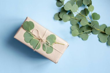 Okaliptüs dalı ile süslenmiş kahverengi kağıda sarılmış hediye kutusu, doğal çevre dostu sıfır atık paketleme fikri. Üst Manzara. Boşluğu kopyala.