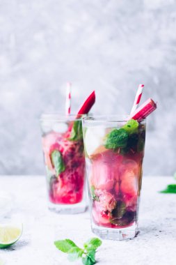Rubarb, limon ve nane ile yaz ferahlatıcı içecek. Rubarb limonatası. Taze bahar rubarb mojito kokteyli. Boşluğu kopyala.