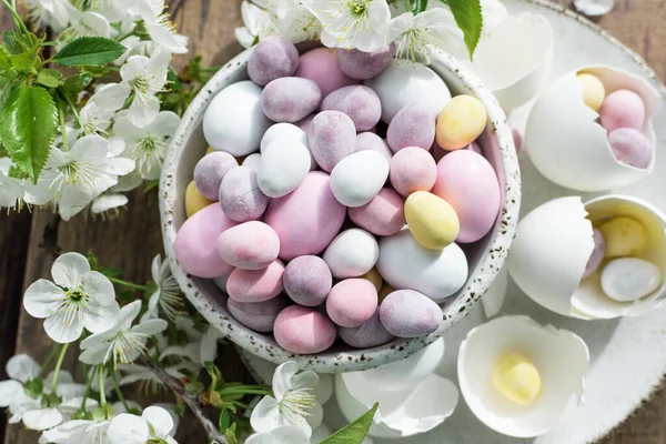 Easter composition with mini chocolate eggs in pastel colors and white spring cherry blossom on rustic wooden background. Happy Easter Holidays. Top view.
