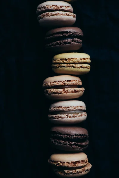 Macaroons Dark Background Pastel French Cookies Macaroons Copy Space Top — Photo