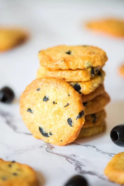 Italian Style Shortbread Cookies Black Olives Parmesan Cheese Stack Salted — Stock Photo, Image