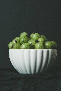 Gooseberry Harvest, a crop of ripe gooseberries. Berries of gooseberry close-up. Fresh gooseberries on dark background. Fresh gooseberries in white bowl on black stone slate background.