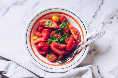 Beyaz mermer arka planda farklı türde domates ve fesleğen içeren sağlıklı bir salata. Domates salatası. Vejetaryen vejetaryen yemek tarifi. Diyet fitness menüsü. Üst Manzara. Düz yatıyordu.