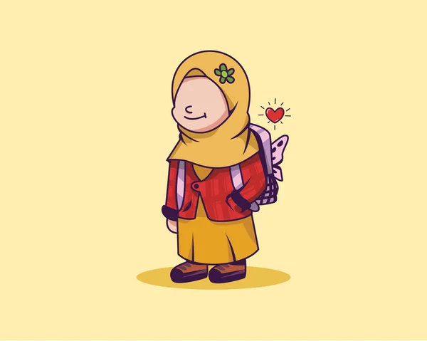 Gadis Chibi Imut Dengan Hijab Dan Ransel - Stok Vektor