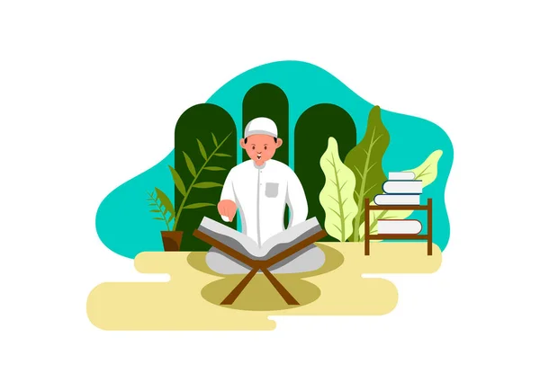 Design Piatto Illustrazione Ragazzo Che Impara Leggere Corano — Vettoriale Stock