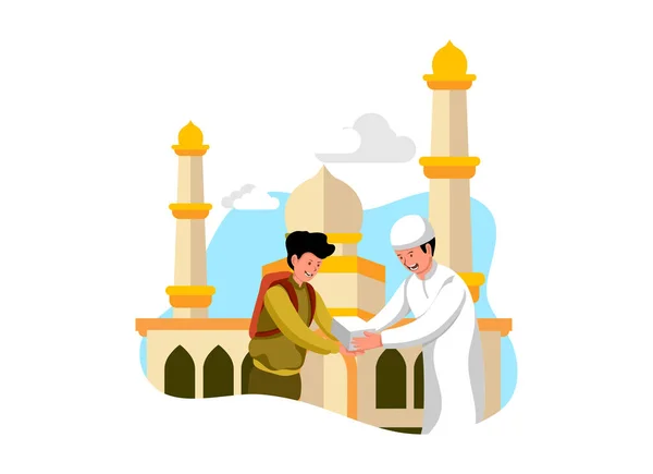 Gaya Desain Datar Ilustrasi Masjid Dengan Silaturahmi Dan Konsep Pengampunan - Stok Vektor