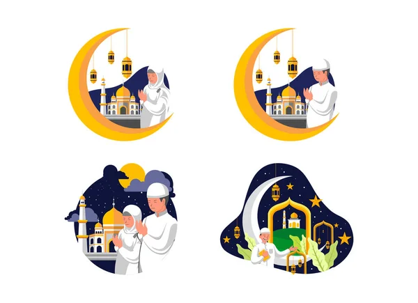 Плоский Дизайн Иллюстрации Набор Детей Молящихся Полумесяцем Луны Рамадане — стоковый вектор