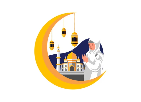 Плоская Иллюстрация Девушки Молящейся Элементами Мечети Полумесяца — стоковый вектор